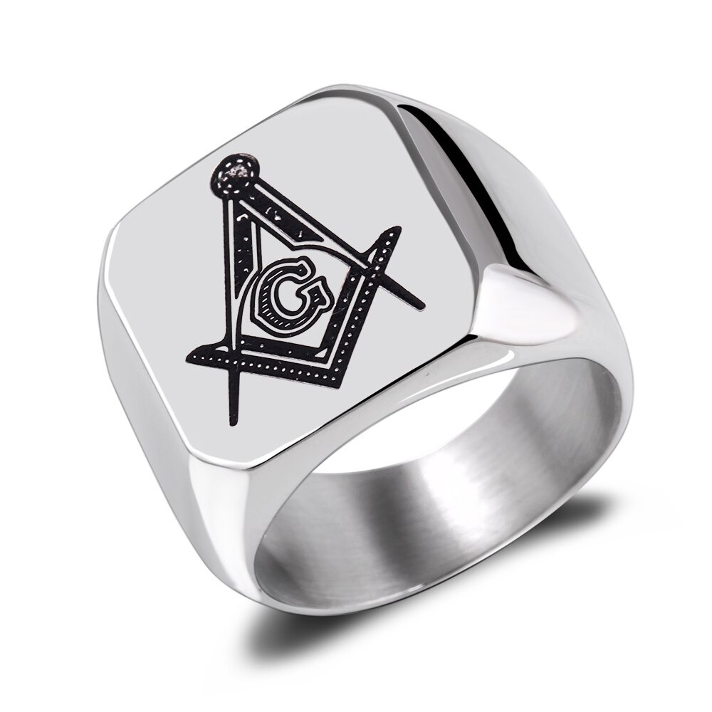 Stylish Masonic ring in stainless steel, unisex signet design with unique geometric pattern for punk jewelry lovers.