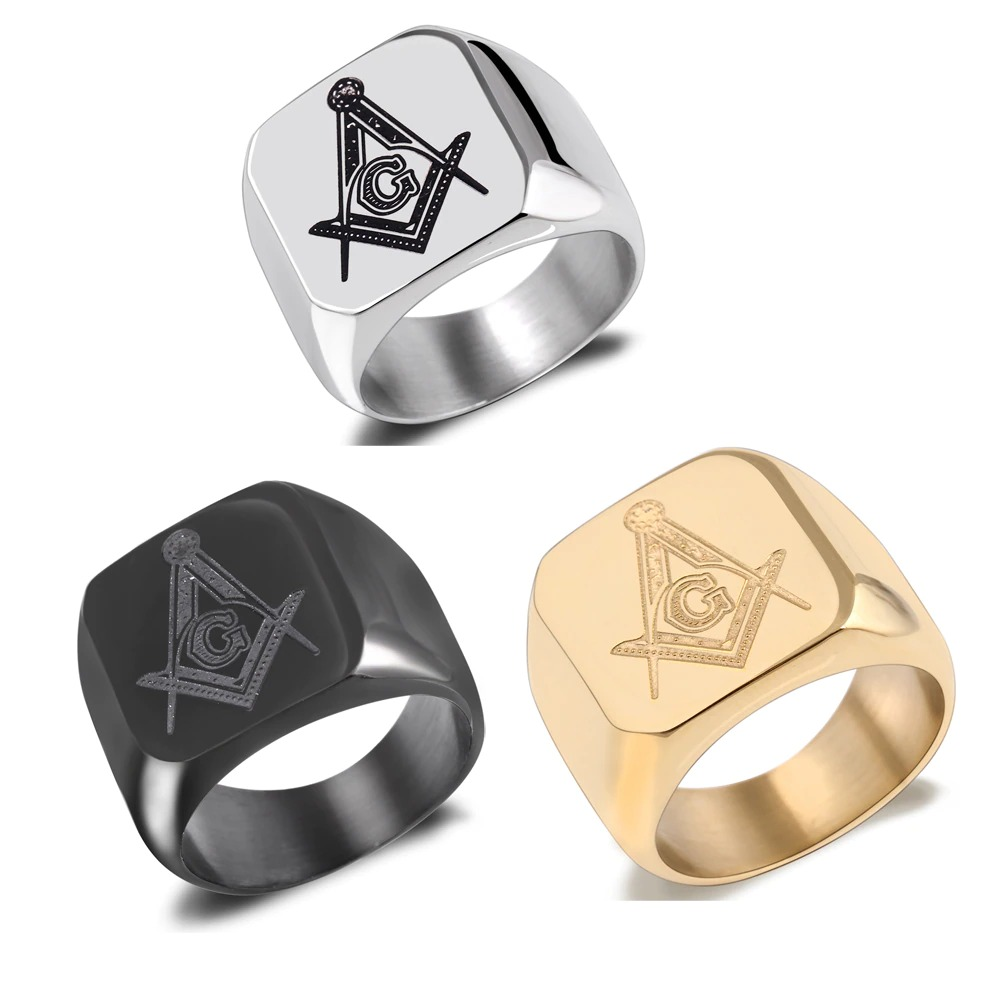 Unisex Masonic signet rings in stainless steel featuring geometric design, available in silver, gold, and black finishes.