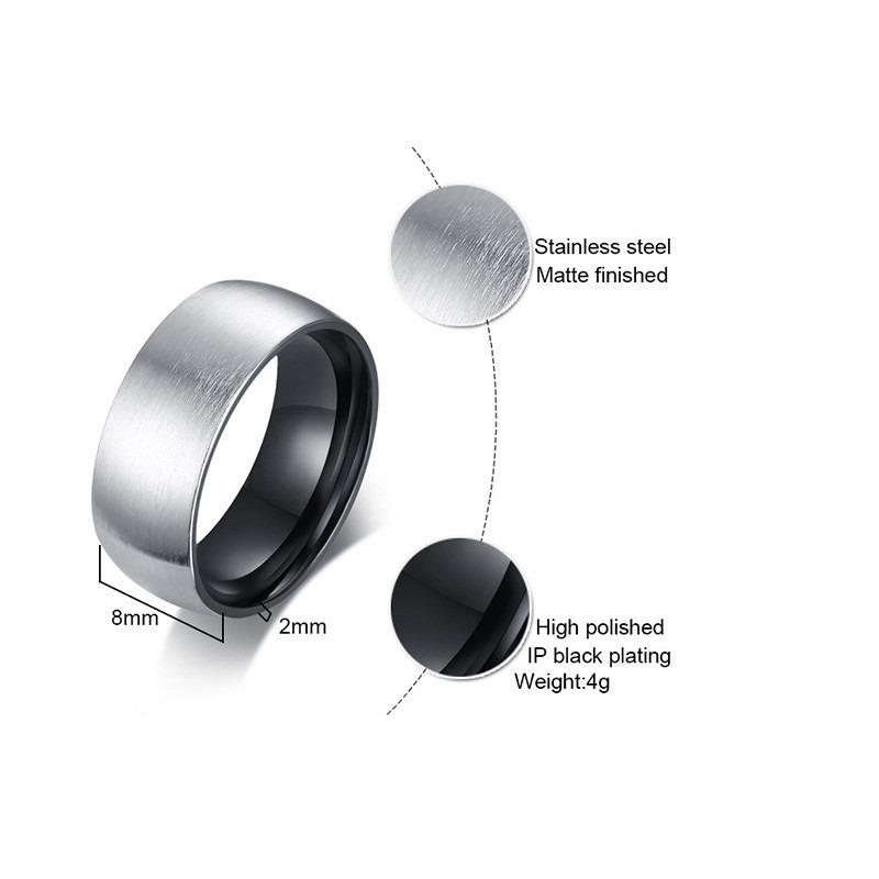 Matte stainless steel ring with black inner plating, 8mm width, 2mm thickness, lightweight alternative jewelry.