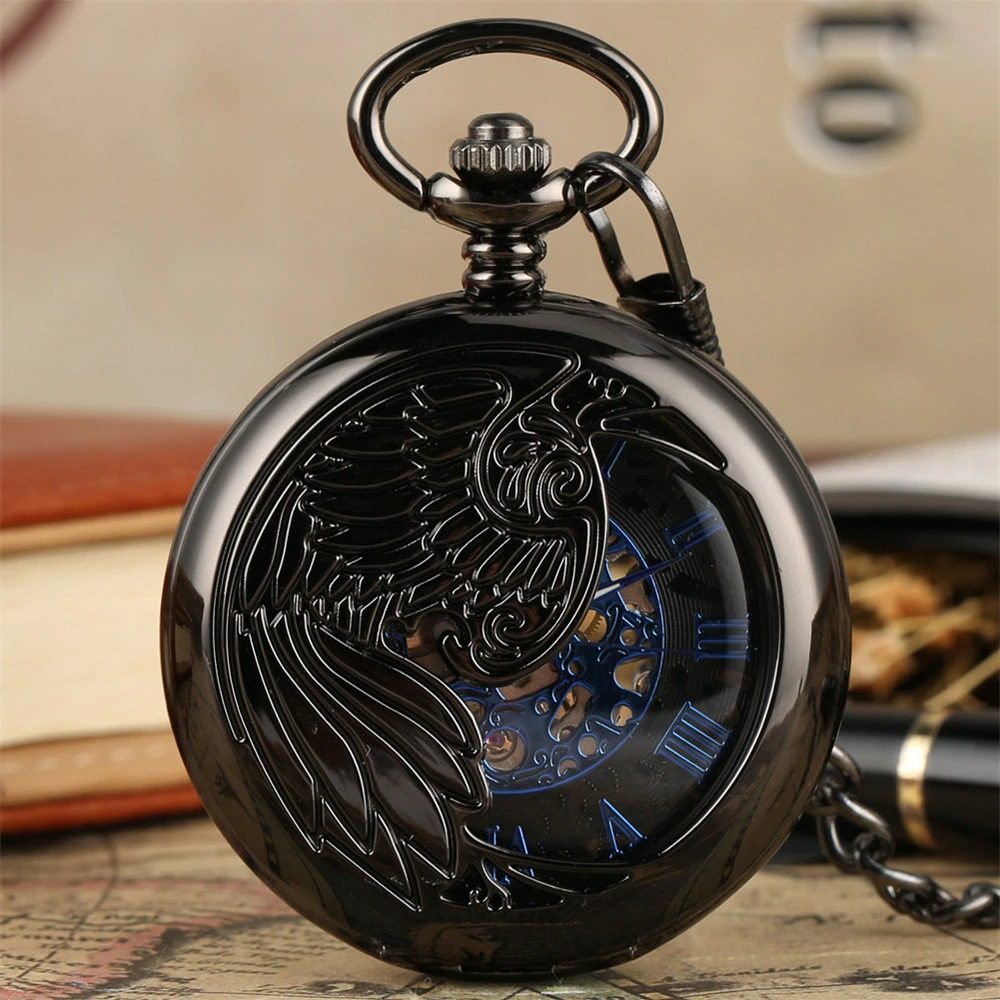 Mechanical Black Hand Pocket with engraving Wing Half Hunter / Antique Watches with Chain - HARD'N'HEAVY