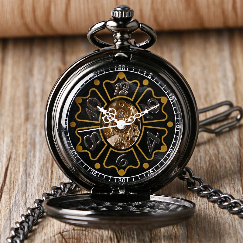 Elegant mechanical black pocket watch with golden accents, featuring a stylish clock face and intricate design, perfect for alternative fashion.