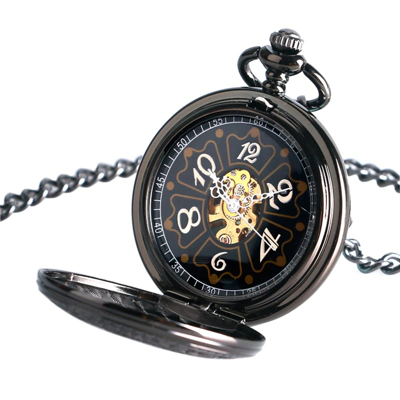 Mechanical black pocket watch with pentagram design and silver chain for alternative fashion lovers.