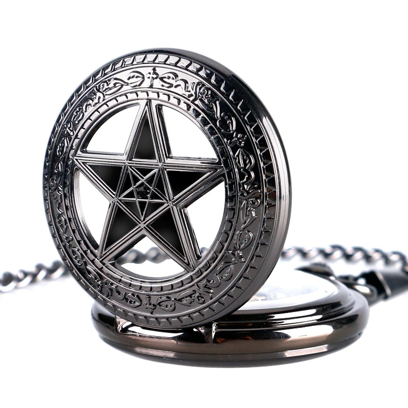 Stylish mechanical black pocket watch featuring an intricate pentagram design, perfect for alternative fashion lovers.