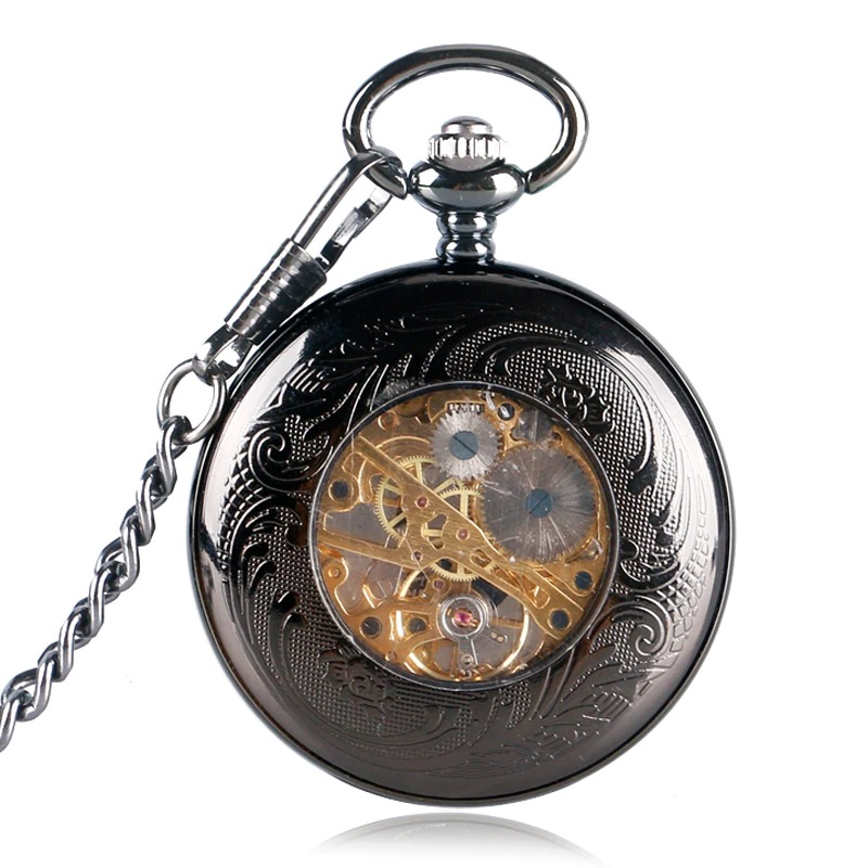 Mechanical black pocket watch with intricate design and visible gears, perfect for alternative fashion enthusiasts.