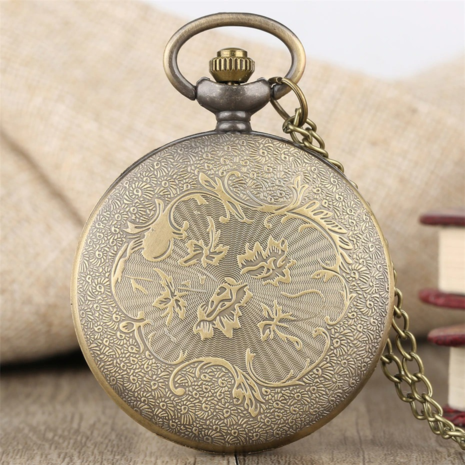 Antique bronze pocket watch featuring intricate lion design and chain, perfect male accessory for vintage lovers.