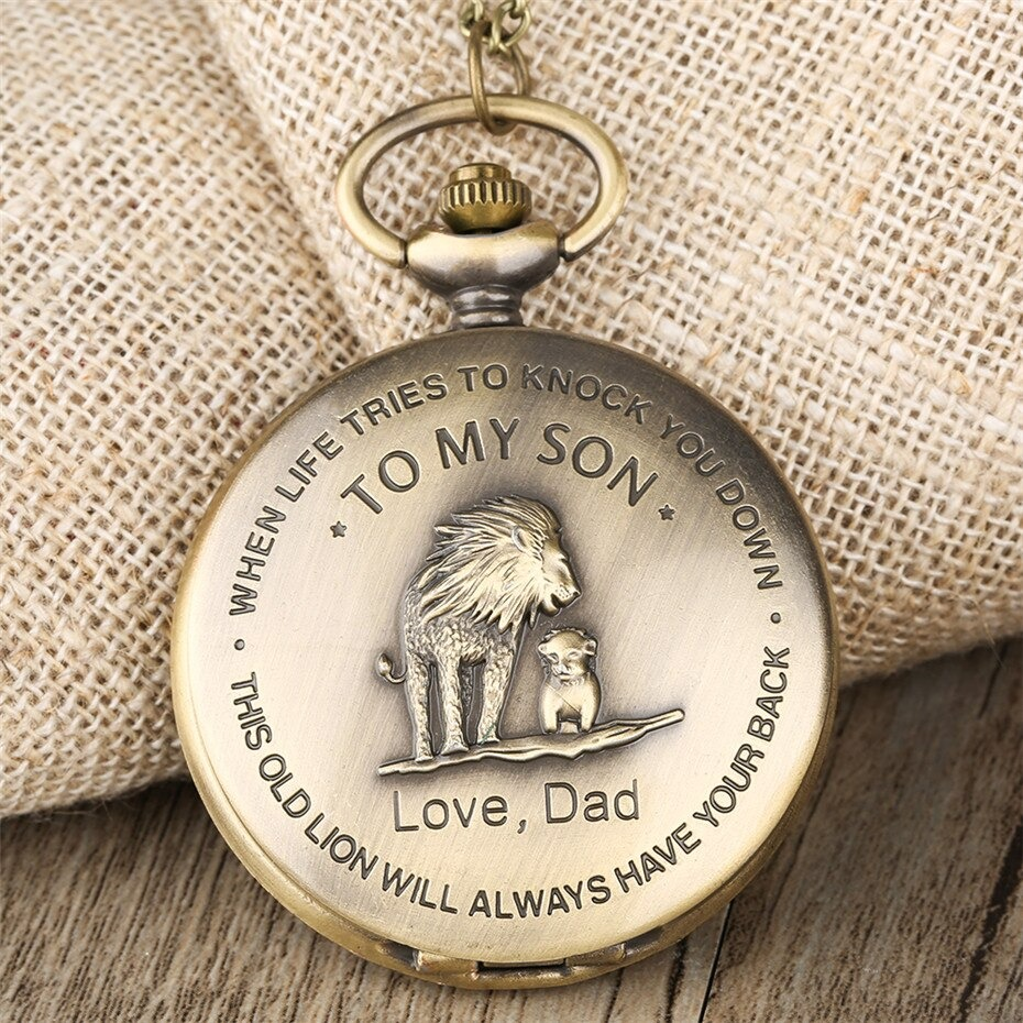 Antique bronze pocket watch with lion design and heartfelt message, perfect gift for fathers and sons.