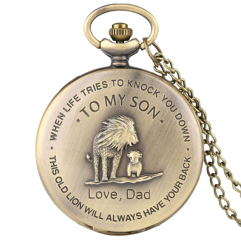 Antique bronze pocket watch with lion design and heartfelt message for son, perfect gift for Dad.