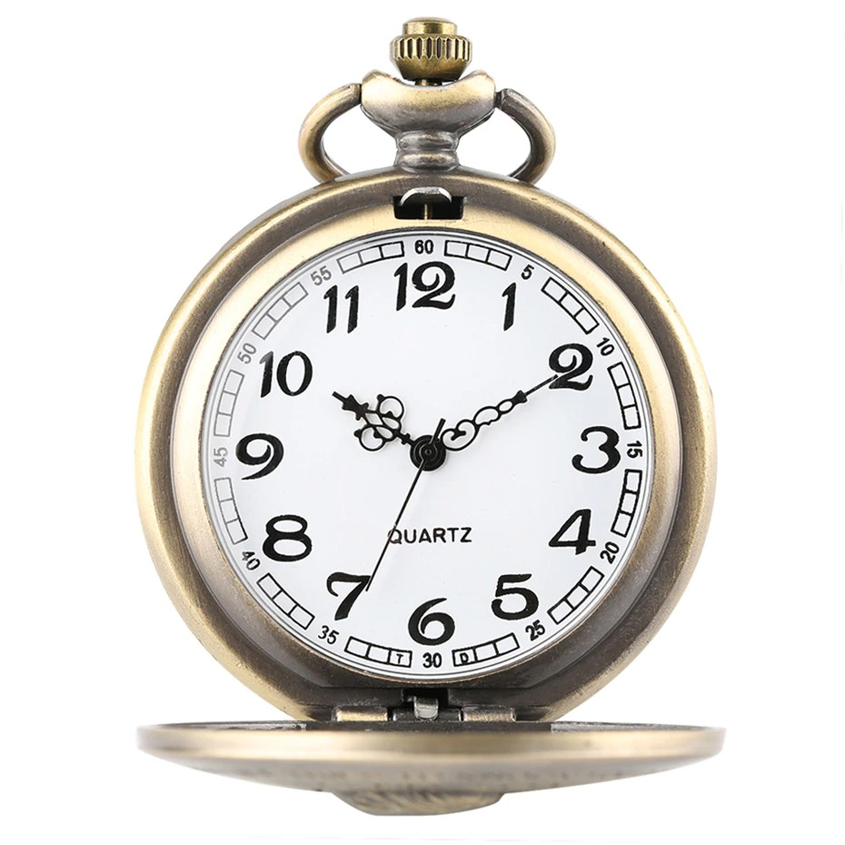 Antique bronze pocket watch with a white quartz face and bold black numbers, perfect for vintage style enthusiasts.