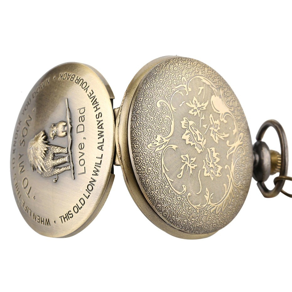 Antique bronze pocket watch showing intricate lion engravings and decorative patterns, perfect for men's accessories.