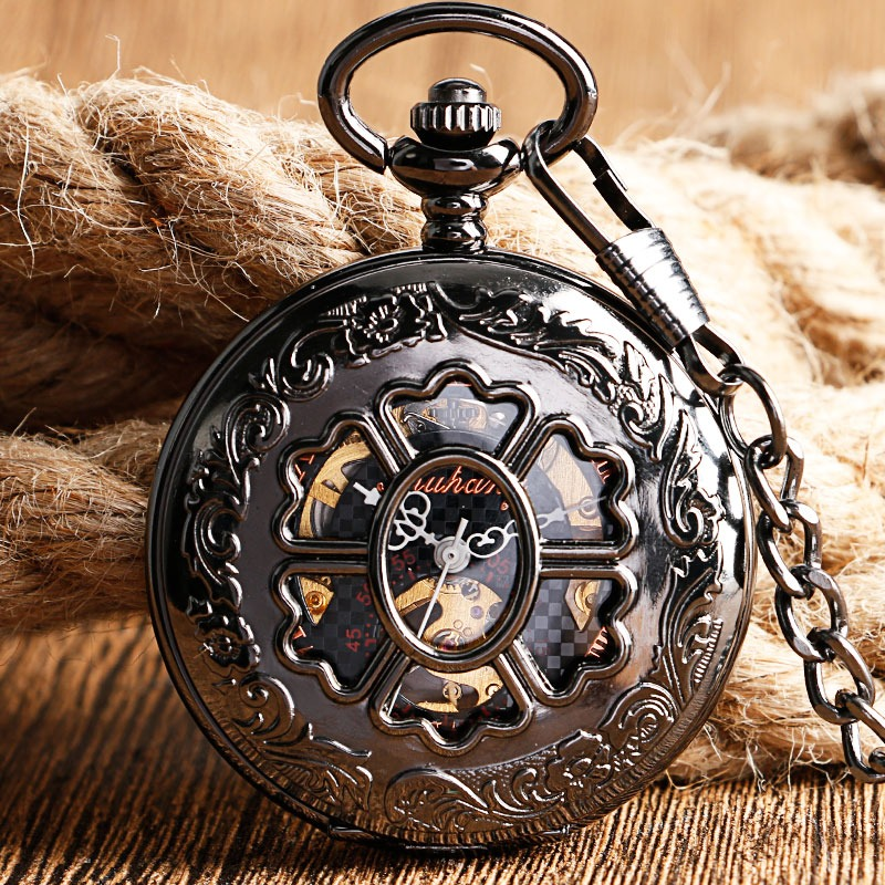 Elegant mechanical pocket watch with intricate design and floral detail, perfect for vintage style enthusiasts.