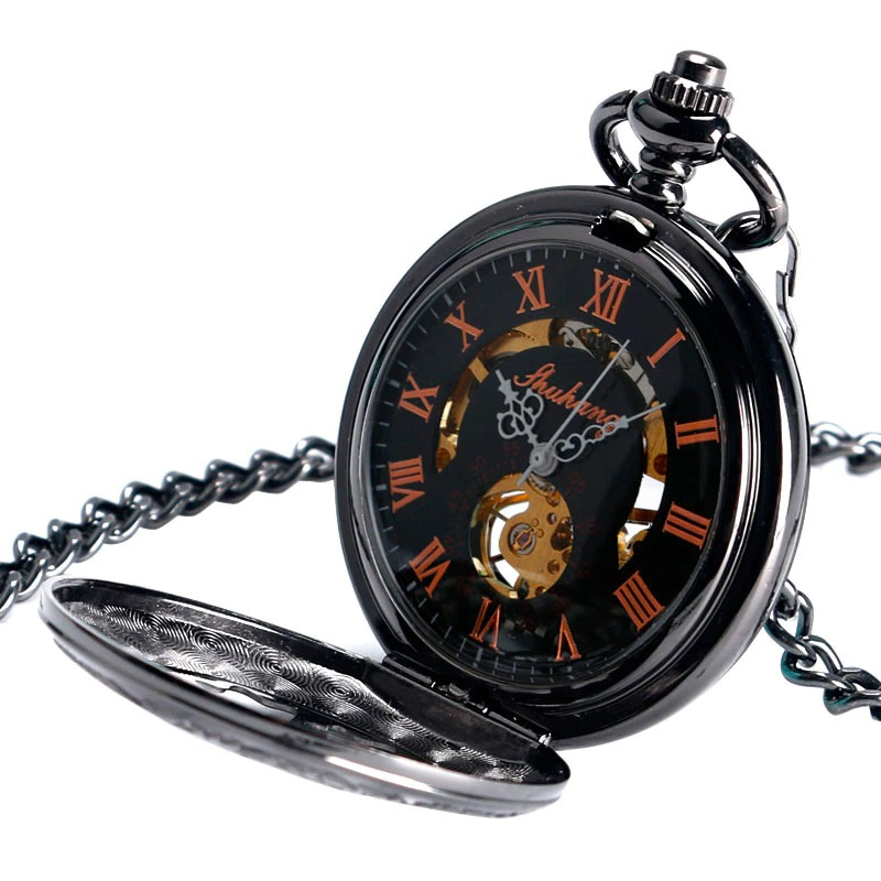 Elegant mechanical pocket watch with intricate design, black face, and Roman numerals, perfect for vintage style lovers.
