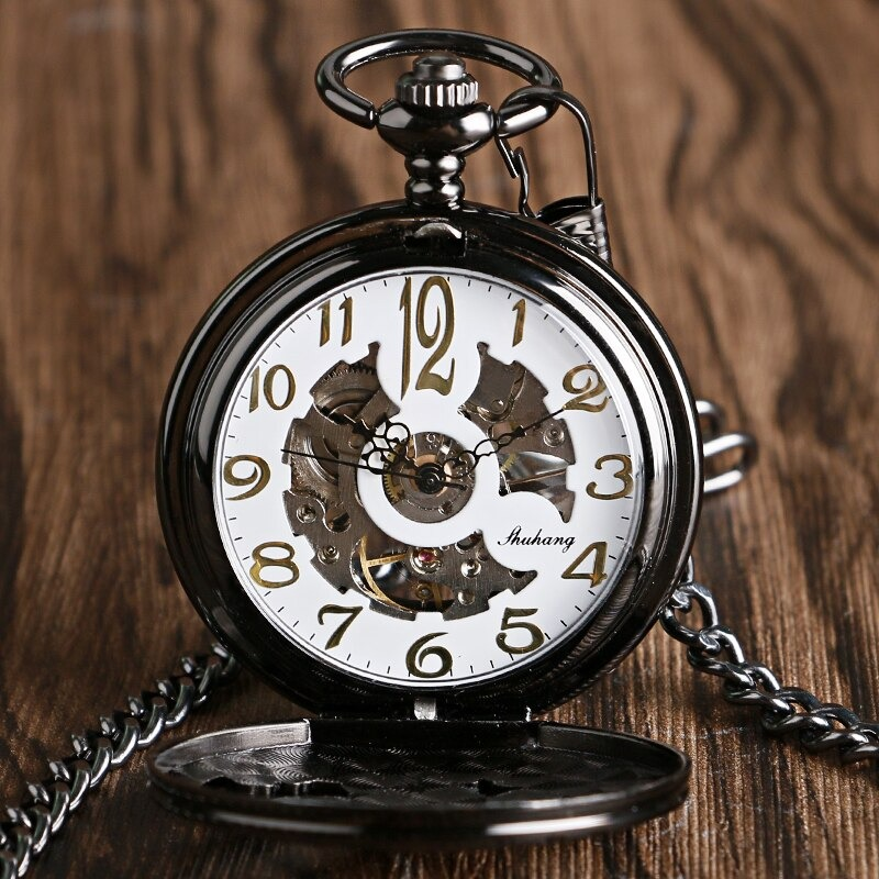 Mechanical pocket watch with stylish design and chain, featuring a vintage look for men and women.