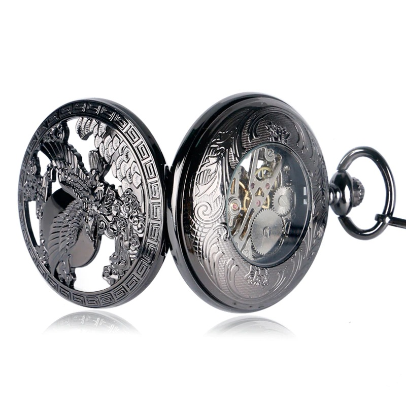 Mechanical Pocket Watch with Flying Eagle / Black Pendant Clock with Chain for Men and Women - HARD'N'HEAVY