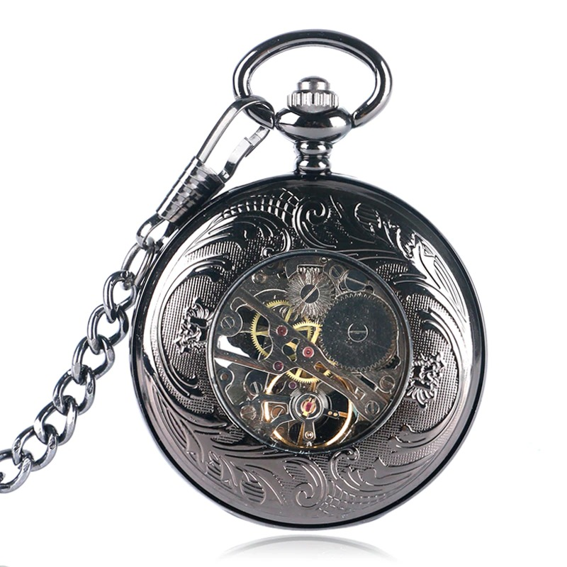 Elegant mechanical pocket watch with intricate design and visible gears, perfect fashion accessory for men and women.
