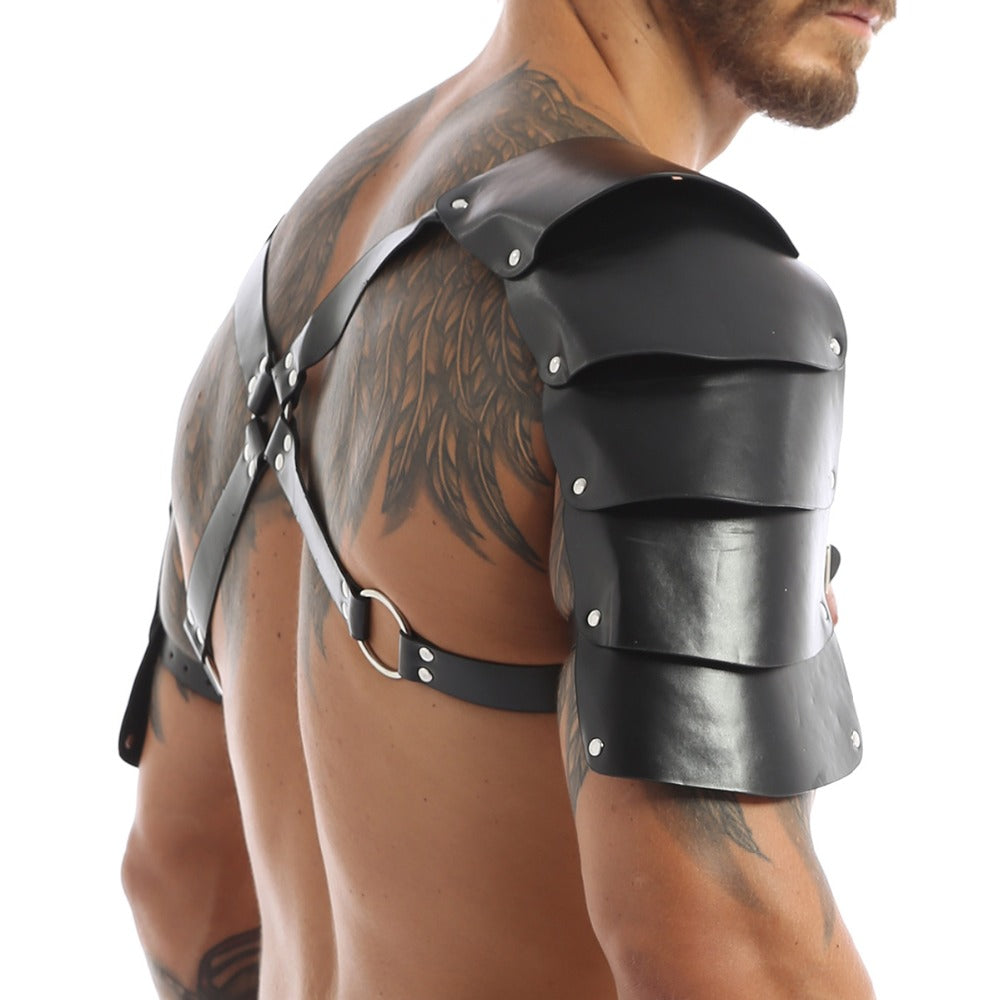 Gothic medieval costume shoulder harness made of black PU leather for cosplay accessories.