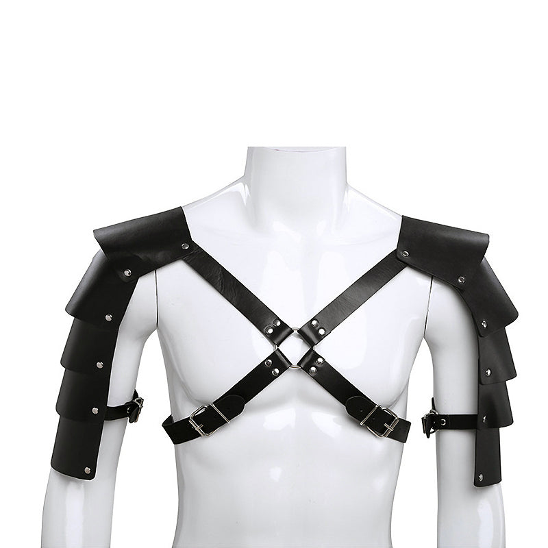 Medieval PU leather shoulder harness for knights cosplay, stylish black armor with decorative rivets.