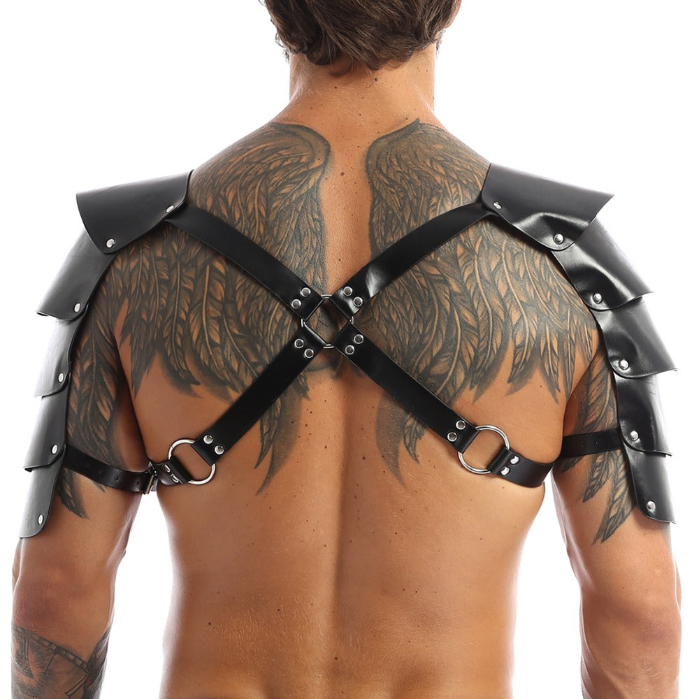 Medieval PU leather shoulder harness for knights cosplay, featuring stylish black design and decorative rivets.