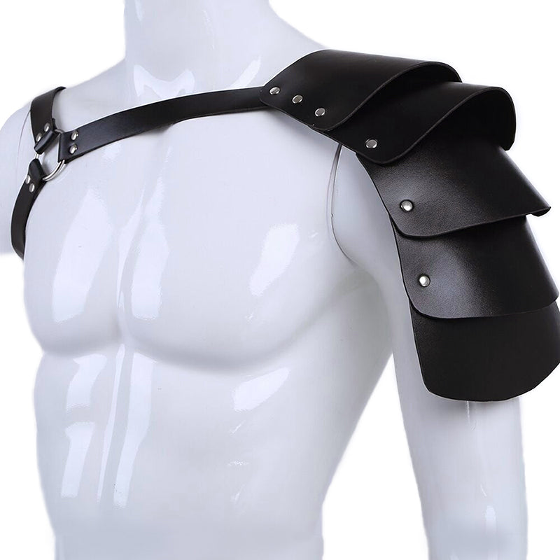 Medieval PU leather shoulder harness for knights cosplay, stylish black armor accessory.