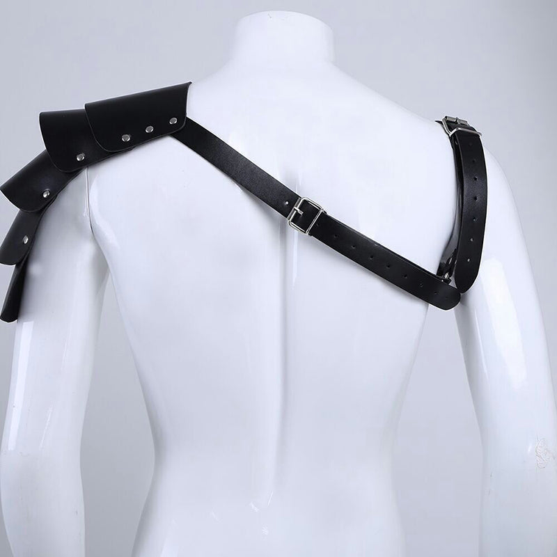 Back view of black PU leather shoulder body harness for medieval cosplay, featuring adjustable straps and classy design.