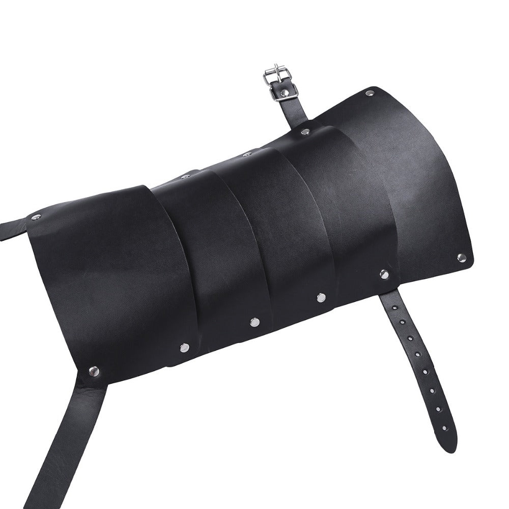 Medieval costume armor shoulder harness in sleek black PU leather for gothic cosplay outfits and knight costumes.