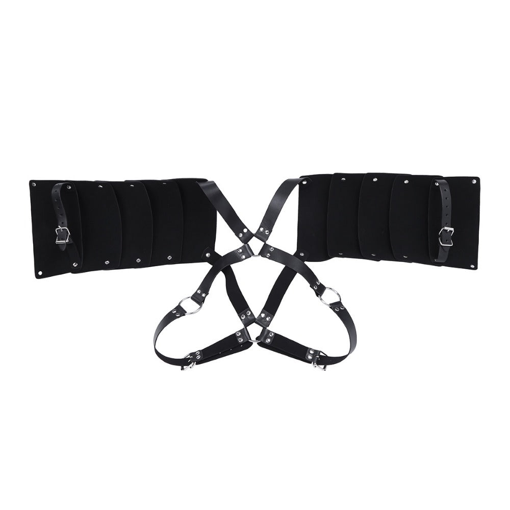 Medieval black PU leather shoulder harness for cosplay, ideal for knight costumes and Gothic outfits.
