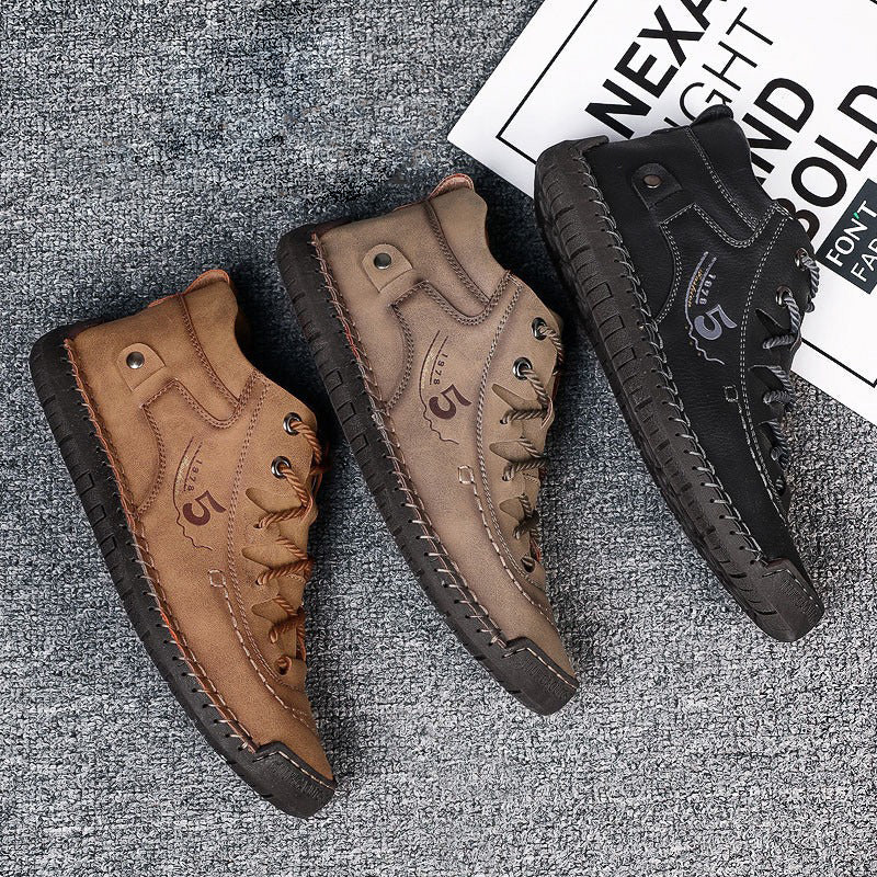 Men's ankle boots in brown, gray, and black, featuring plush lining and rubber sole for comfort and style.