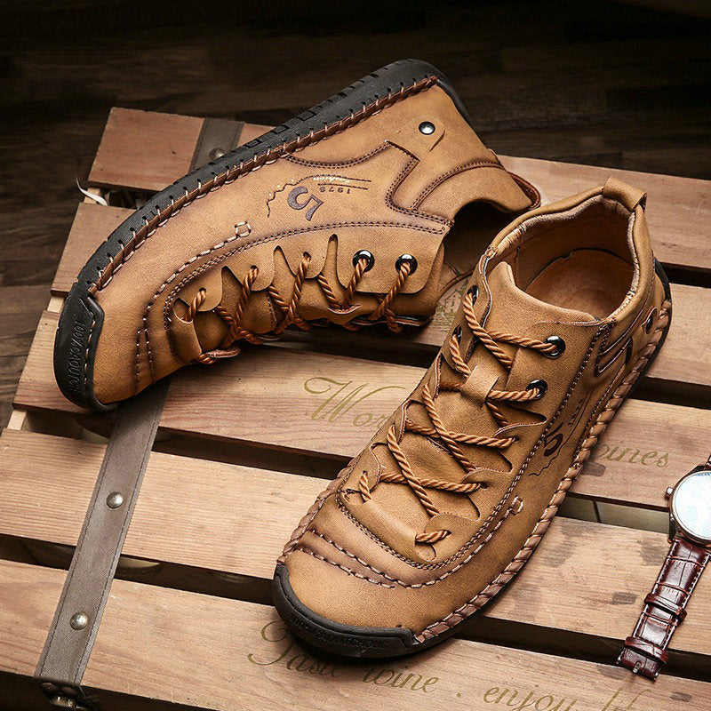 Men's split leather ankle boots with plush lining, stylish brown rocker shoes for winter.