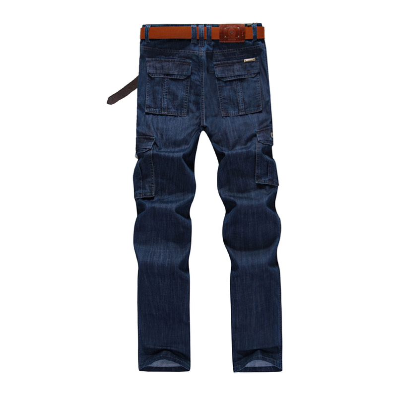 Dark blue cargo jeans with pockets and belt, perfect for casual military-inspired outfits.
