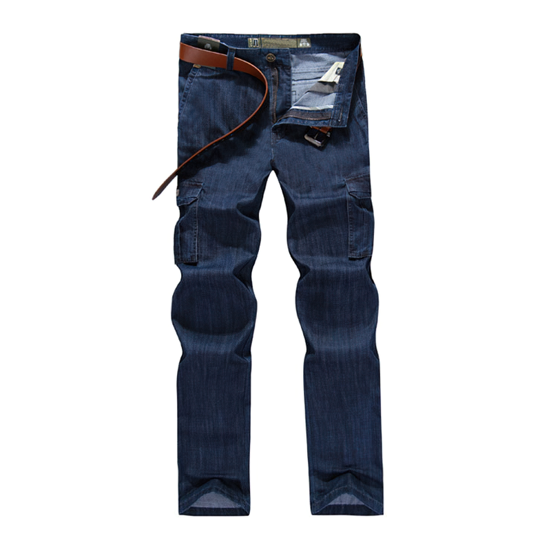 Men's cargo jeans in blue with multiple pockets and belt, perfect for casual and grunge outfits.
