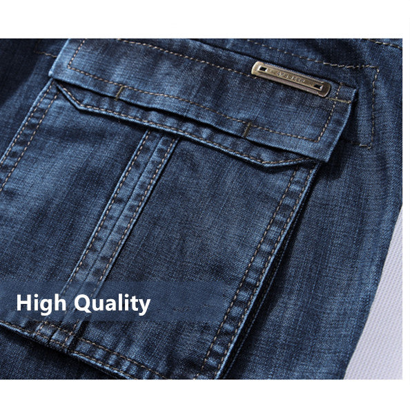 Close-up of high-quality denim fabric on men's casual cargo jeans with stylish pockets.