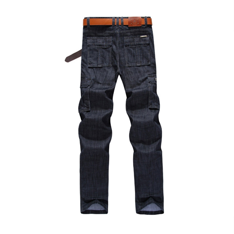 Men's casual cargo jeans in dark blue with multi-pockets and a stylish belt for comfortable everyday wear.