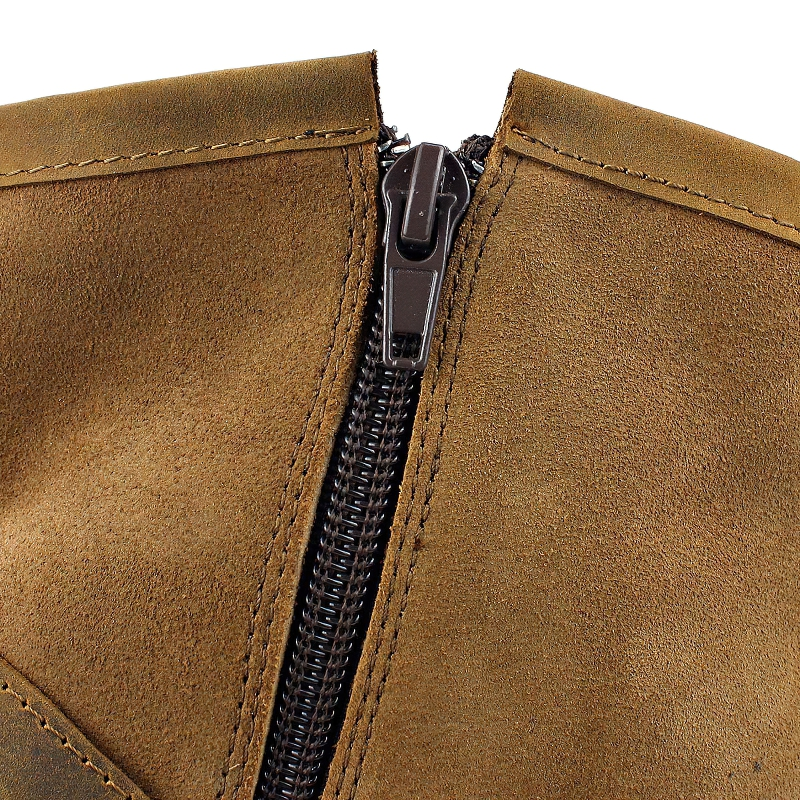 Close-up of the zipper detail on stylish men's casual leather boots in rock style.