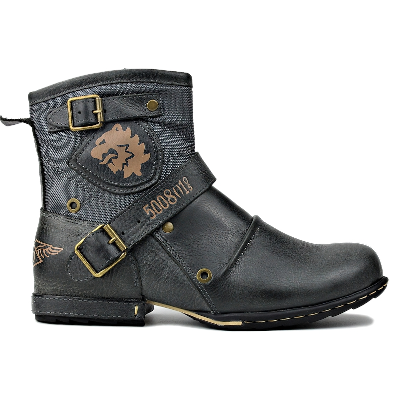 Stylish men's casual leather boots with straps, designed for a rock style look in black color.
