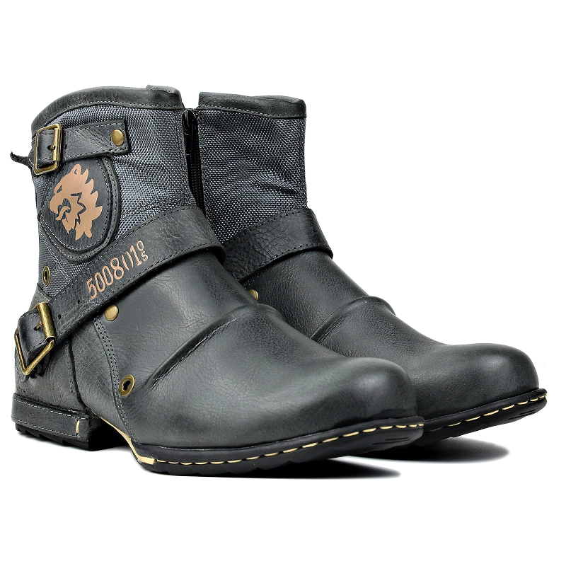 Stylish men's genuine leather casual boots with rock style design and striking strap accents in black.