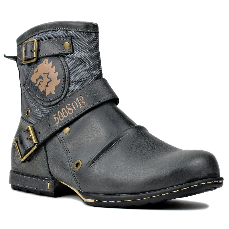 Men's casual rock-style leather boots with stylish strap detail in black color.