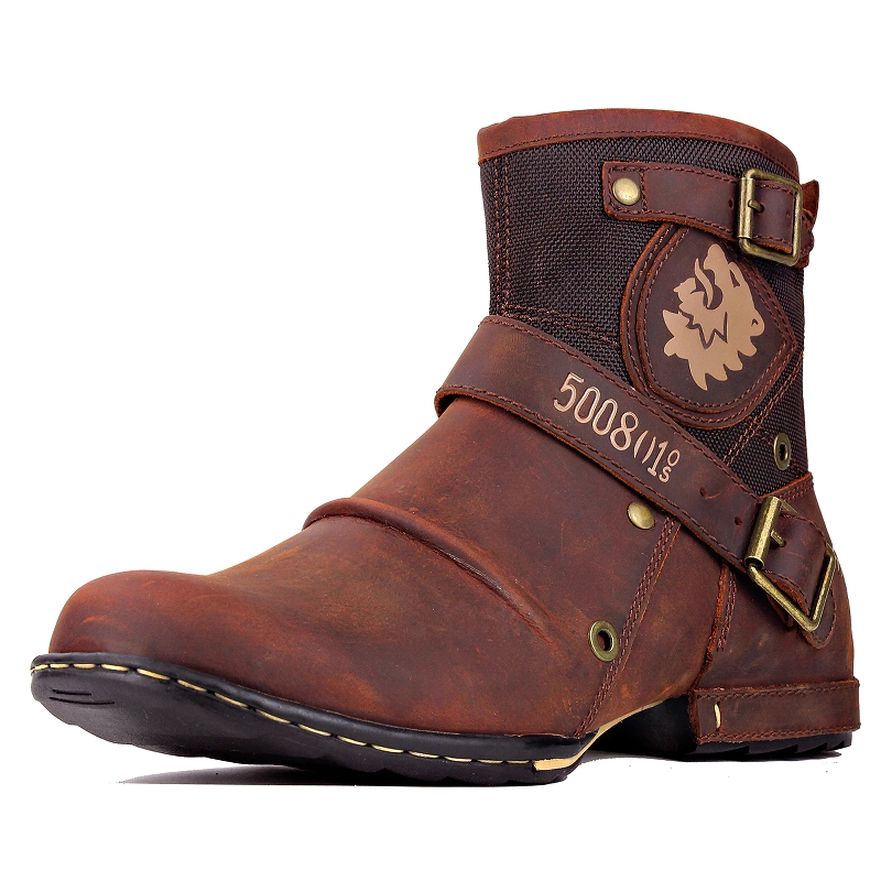 Stylish men's leather boots in brown, featuring rock style design and straps for a fashionable touch.