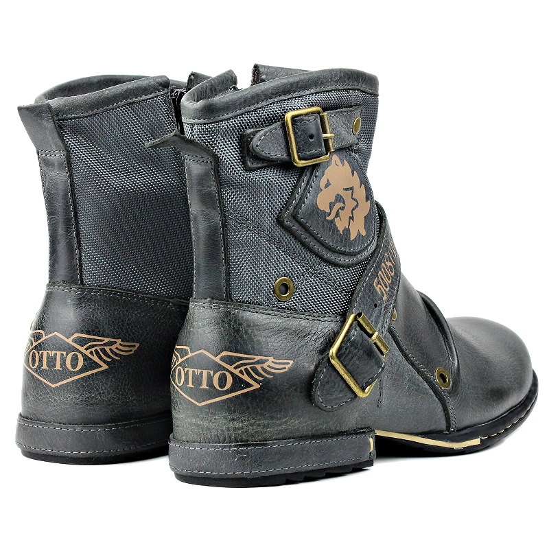 Men's casual leather boots with stylish straps and logo, perfect for rock-inspired alternative fashion.