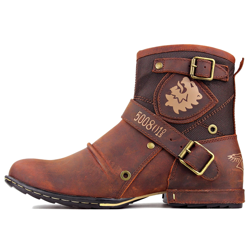 Men's casual rock-style leather boots with strap detail, available in brown, perfect for alternative fashion enthusiasts.