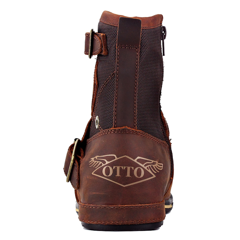 Stylish men's genuine leather boots in rock style with unique strap and logo detail on the back.