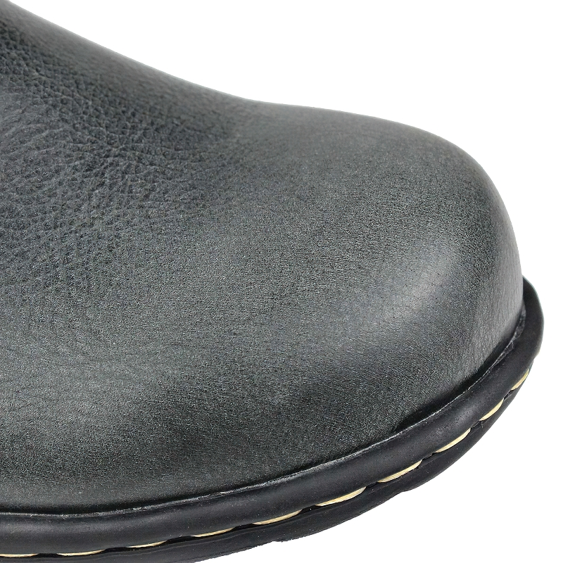 Close-up of genuine leather men's casual rock boots in stylish gray color with detailed texture.