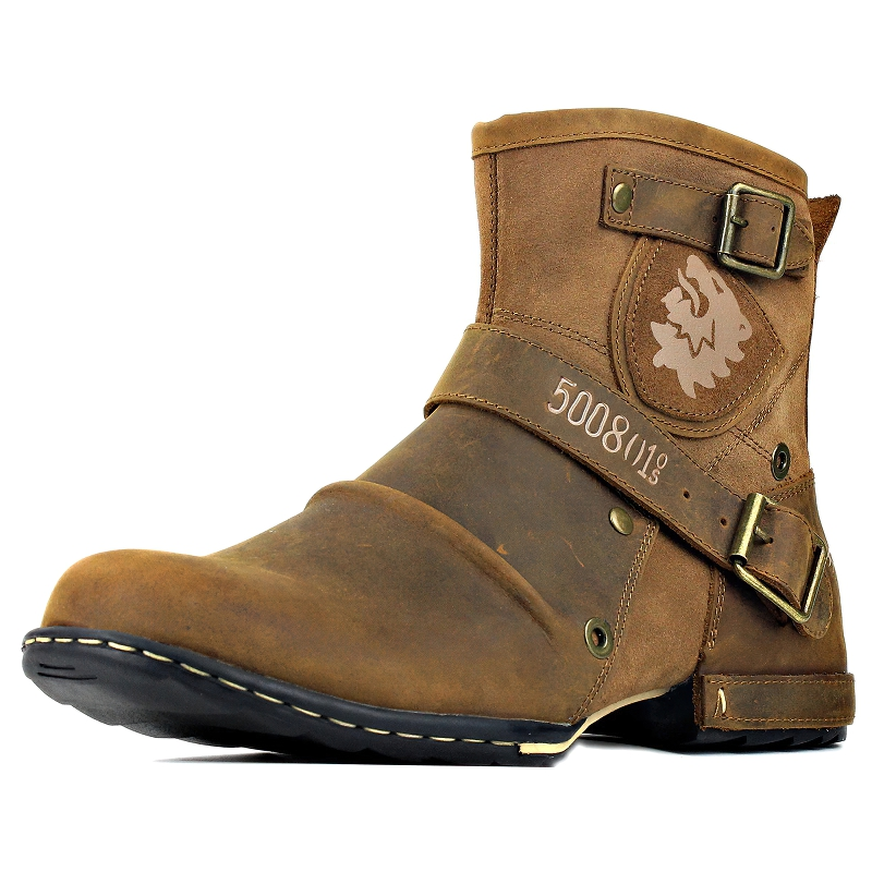Stylish men's casual leather boots in rock style with straps and lion logo, perfect for alternative fashion.