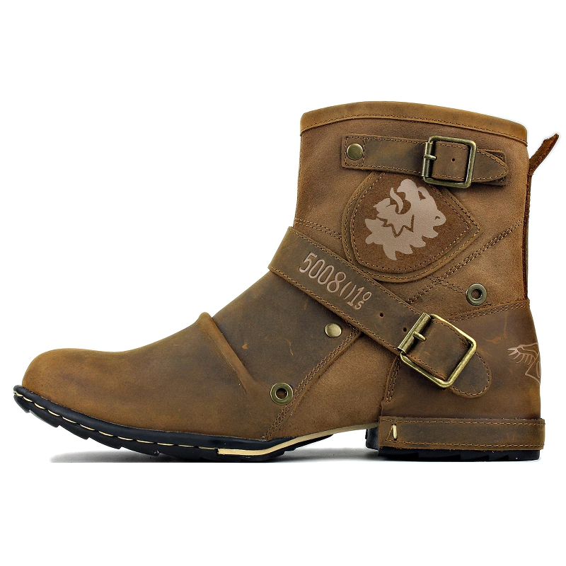 Stylish men's brown leather casual boots with decorative strap and rock style design. Perfect for alternative fashion lovers.