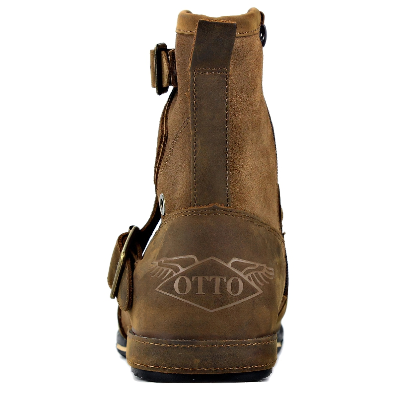 Back view of men's brown leather rock style boots featuring a stylish design and adjustable straps.