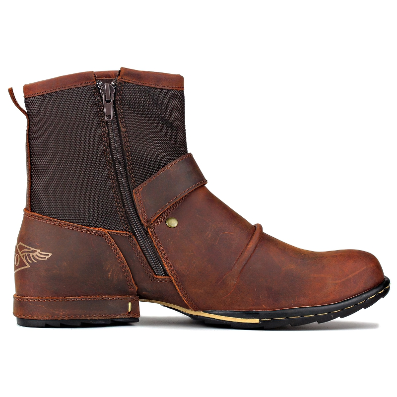 Stylish men's casual boots made of genuine leather, featuring a zipper and strap for a bold rock style in brown.
