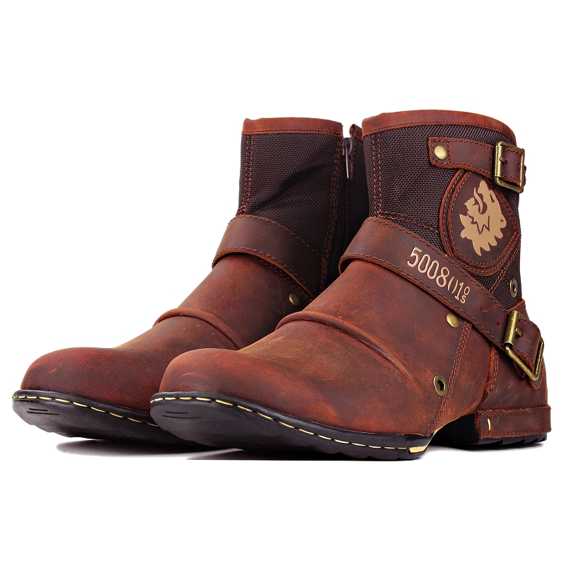 Men's casual rock style leather boots with strap accents, available in rich brown for a stylish touch.