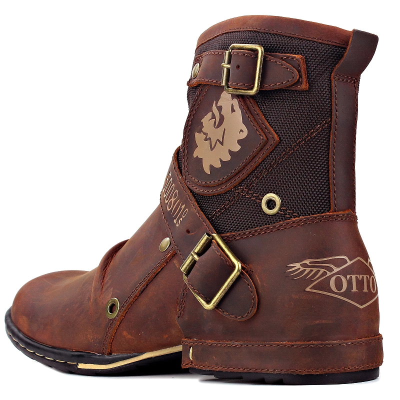 Men's genuine leather rock style boots with straps and a fashionable design, perfect for casual wear.