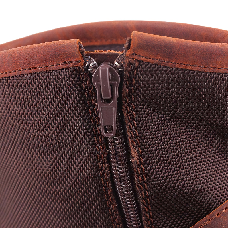 Close-up of the zipper detail on stylish men's brown leather rock style boots.