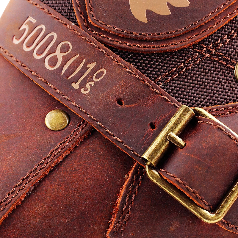 Close-up of stylish men's leather boot strap showing detailed stitching and metal buckle accent.