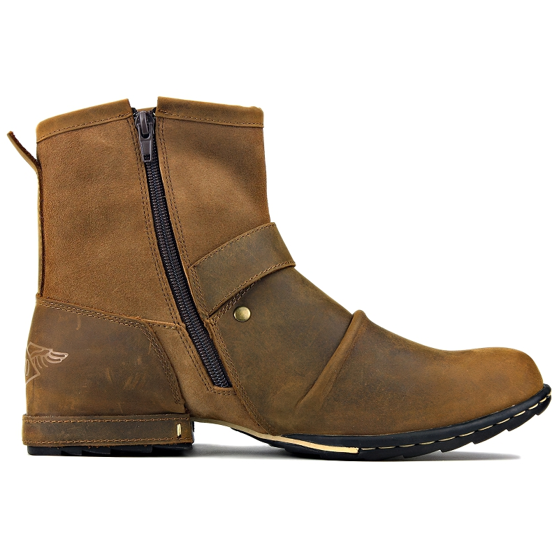 Stylish men's casual leather boots in brown with zippers and straps, perfect for rock style and alternative fashion.