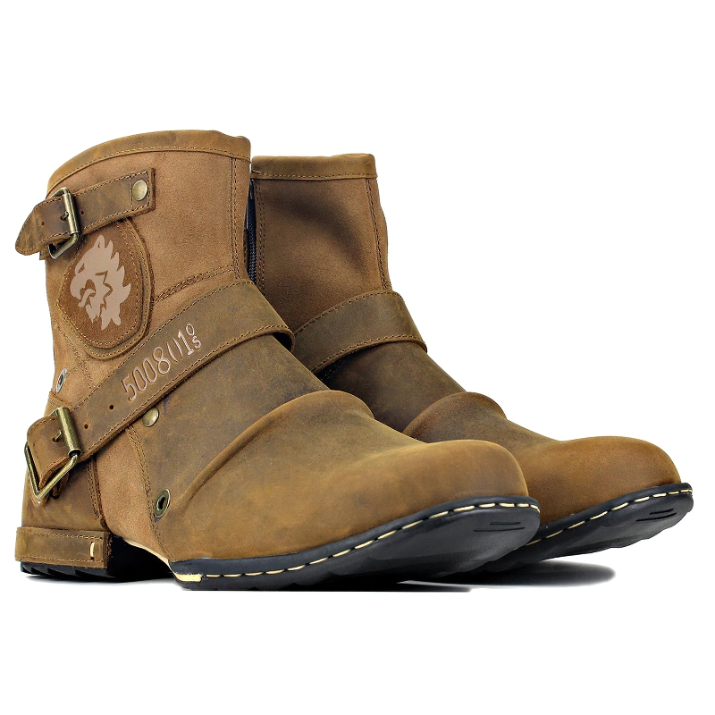 Stylish men's rock-style leather boots with straps, perfect for casual fashion in versatile shades.